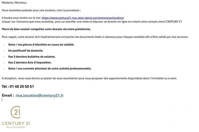 Appartement F3 à louer - 3 pièces - 69.69 m2 - L ILE ST DENIS - 93 - ILE-DE-FRANCE - Century 21 Riva Immobilier